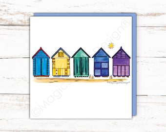 Coastal Blue Beach Huts, Blank Greetings Card, Seaside Art, Modern Beach Print, Contemporary Design