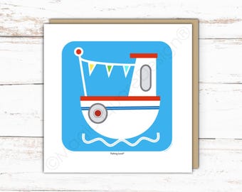 Little Fishing Boat with Bunting Card - Coastal Seaside Art Card or Print