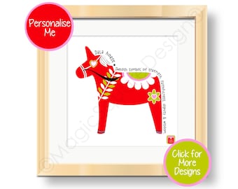 Personalised Dala Horse Art Print – Scandinavian Symbol, Nordic Design (20-40cm)