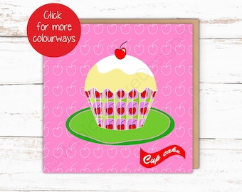 May include: A square greeting card featuring a cupcake illustration on a pink background with a cherry pattern. The cupcake has white frosting, a red cherry on top, and a green plate. A red banner at the bottom reads Cup cake.