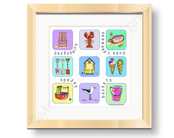 Coastal Pastel Retro Art Print - Seaside Window Mounted Illustration in three sizes.