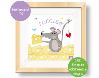 May include: A framed print featuring a cartoon mouse holding a cheese wedge. The word "mouse" is written in purple script above the mouse. A red heart hangs from a string. The print is in a light wood frame.