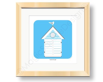 Beach Hut & Gull - Contemporary Seaside Art Print available in three mount sizes.