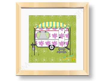 Caravan Camping Retro Art Print - Available in three mount sizes.