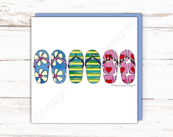 Coastal Flip Flops Seaside Blank Greetings Card, Quirky, Summer Beach Surf, Nautical Print