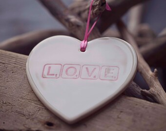 LOVE ~ Ceramic Heart Plaque ~ Hanging Sign ~ Handmade ~ Home Decor ~ Gift
