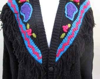 Vintage Crochet Cardigan With Fringe / Size M Black Crochet