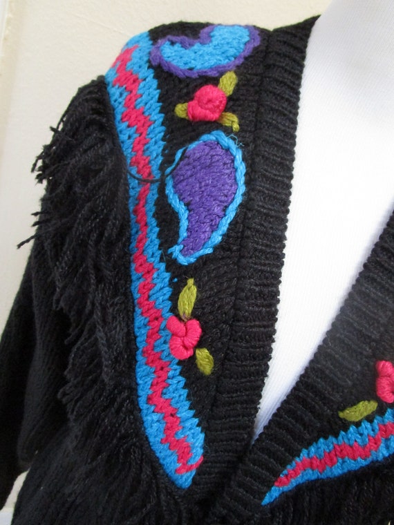 Vintage Crochet Cardigan With Fringe / Size M Bla… - image 4