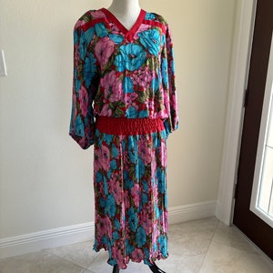 Vintage 1980s Diane Freis Blue/ Pink & Red Floral Boho Dress with Sequin and Bead Embellishment