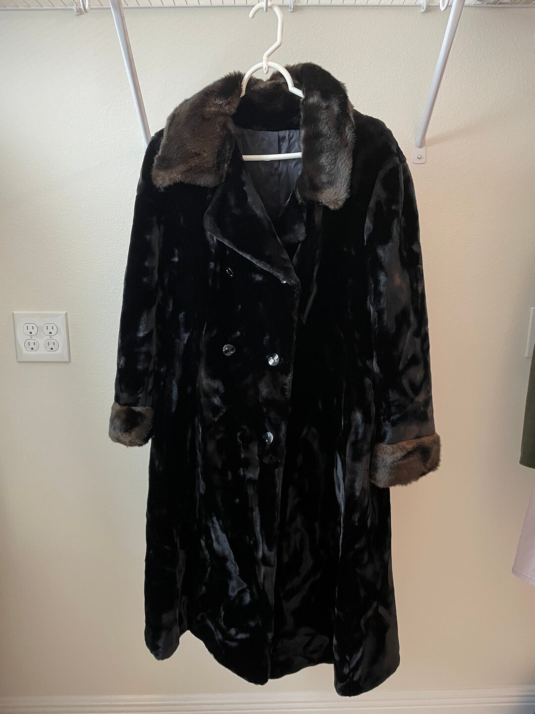 Black Faux Ultra Seal Fur Coat With Brown Accents / Sportowne NY Women