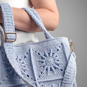 Solara Lumi Square Denim Blue Edition Crochet Bag, Handmade Shoulder Tote, Boho Crossbody Purse with Glasses Case