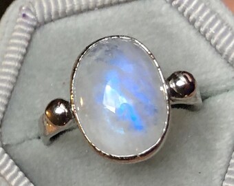 Moonstone Ring // Blue Rainbow Moonstone // Palladium Plated Crystal Jewelry