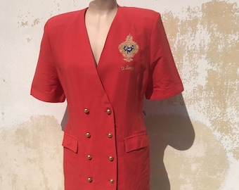 Tomato red 80's vintage double breasted blazer with heart stitched emblem and big shoulder pads, all made of cotton/linen fabric