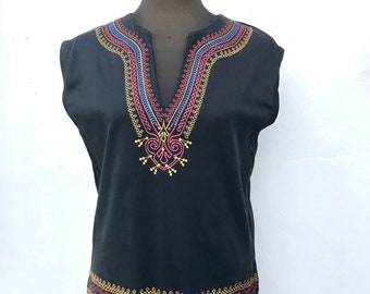 Sleeveless ethnic, African dashiki styled 90s vintage top, all cotton with stamped designs by Nickelson, UK