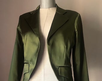 Olive green satiny buttonless formal blazer in tail coat style, Y2K vintage, made in London UK