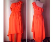 Greek Goddess, Aphrodite, cold shoulder fluo orange 90 39 s vintage long dress, very impressive asymmetrical summer dress. Mint Condition