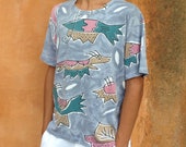Fancy 80 39 s unisex T-shirt, features artsy sketches of animals on gray -a painted alike- background