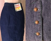 Dark blue 80s vintage midi denim skirt with green stitches thick green flannel lining