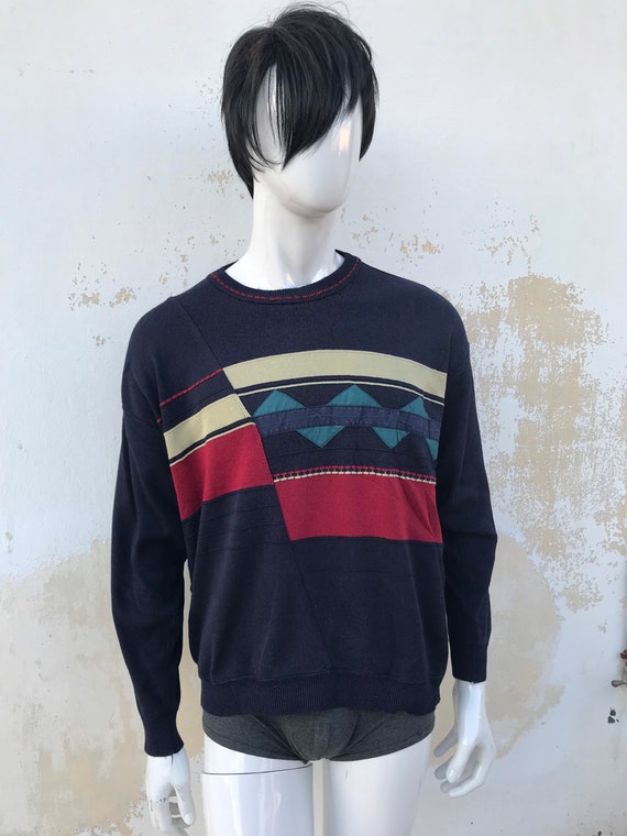 80s vintage dark blue mens retro knitted sweater/… - image 5