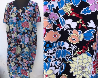 Floral 80&#39;s vintage fancy loose muumuu dress in blue, yellow, red and other colors with front pockets and scoop neckline