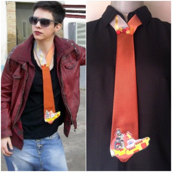 The Beatles handmade orange necktie/necklace featuring the yellow submarine. Rock n Roll accessory, Gift for rock fans