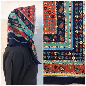 70s squared scarf featuring colorful floral/paisley/leaf/geometric pattern