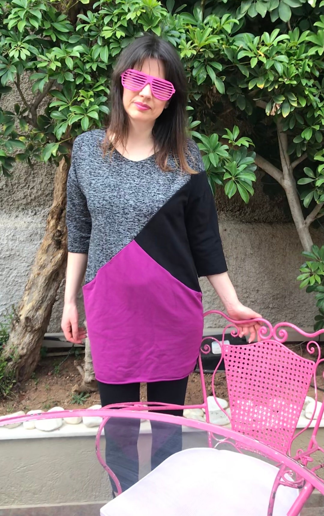 Colorblock Fuchsia-gray-black Mini Dress With Pockets, 90s Does 80s ...