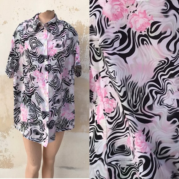 80s vintage oversized shirt in pink, white & blac… - image 1