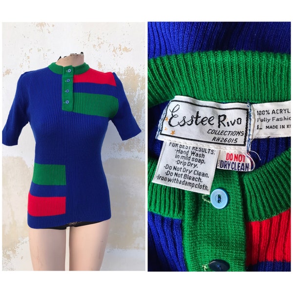 Colorblock knitted ribbed, 70s vintage stretchy sweater top in electric blue feat novelty colorblock design. Amazing. By Esstee Rivo