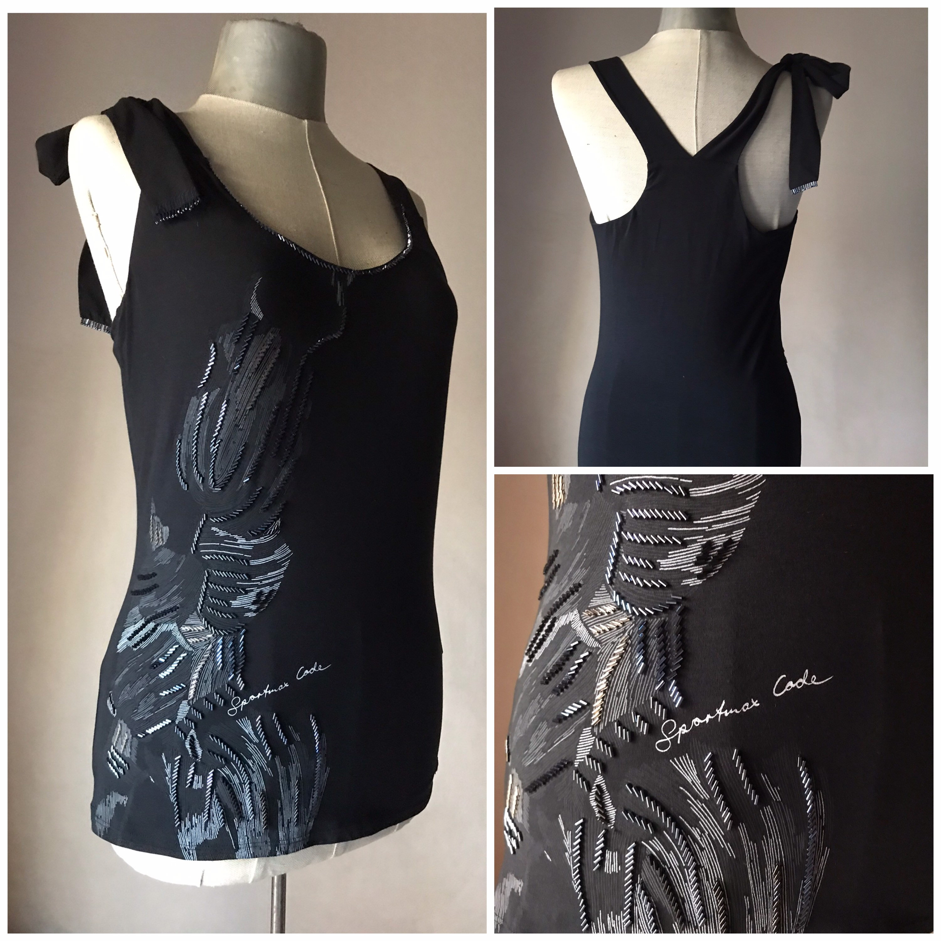 Sportmax Code 90's vintage black tank top with shoulder bow, racerback and big floral/leaf silver/gray beaded design at the left side.