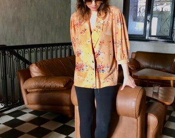 Terra cotta 80s does 40s vintage buttoned blazer with ruched shoulders, full sleeved & fuchsia/blue/ orange floral prints