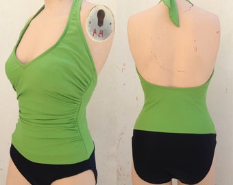Carol Wior USA Lime Green black 80s Vtg Does 50s One Piece Halter