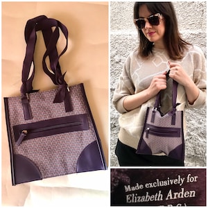 Elizabeth Arden kleine quadratische (D-förmige) Tasche, 1990er Vintage aus strukturiertem Tweed mit violetten Details aus veganem Leder