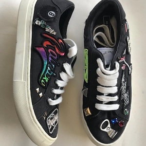 Marc Jacobs svarta låga oxfordskor i bomullscanvas med knytning, snygga sneakers med märke och olika utsmyckade mönster/EUR 37 -US 5 -UK 4.5