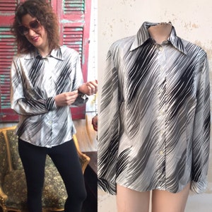Trevira 70s vintage button up groovy, hipster chic, daggered collar shirt in shades of gray, features diagonal zebra style stripes
