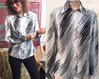 Trevira 70s vintage button up groovy, hipster chic, daggered collar shirt in shades of gray, features diagonal zebra style stripes