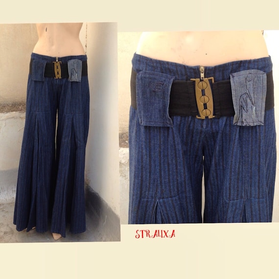 Wide leg striped pleated denim pants, in gaucho st