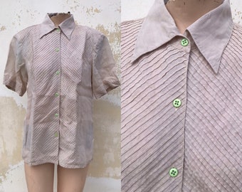 Linen beige 90s vintage buttoned shirt features multi pleated bust in Chevron design,  & contrasting pistachio green buttons