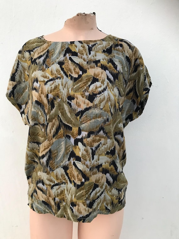 80s cool printed lightweight shirt with dolman sleeves that features abstract designs like painting leaves in olive green hues View 6