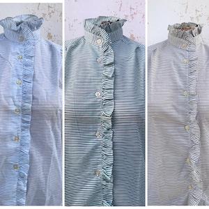 Green/silver, Light blue/silver or beige/silver 70s vntg cotton striped band collared buttoned blouses with frilly collars and ruffled bust