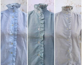 Green/silver, Light blue/silver or beige/silver 70s vntg cotton striped band collared buttoned blouses with frilly collars and ruffled bust