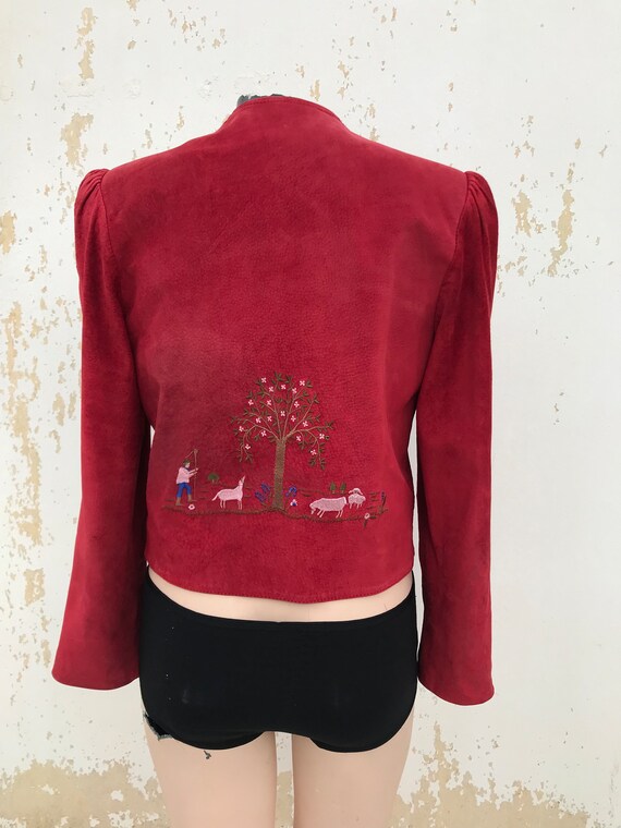Red suede leather 80s cropped bolero blazer with … - image 6