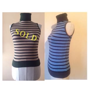 khaki-blue and Khaki-beige striped sleeveless warm, fitted, stretchy turtlenecks. In mint condition