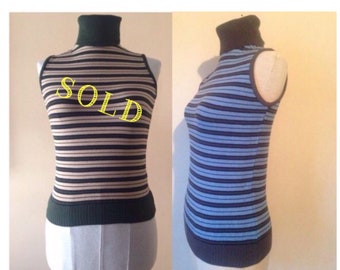 khaki-blue and Khaki-beige striped sleeveless warm, fitted, stretchy turtlenecks. In mint condition