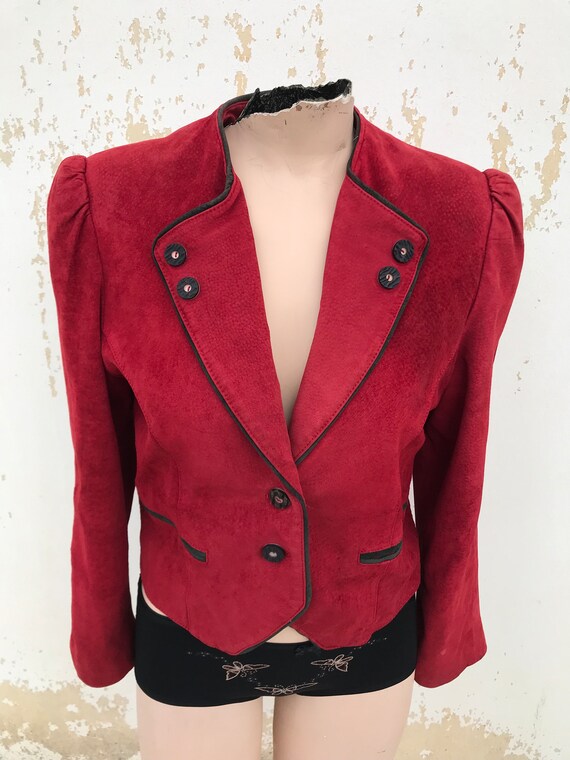 Red suede leather 80s cropped bolero blazer with … - image 8