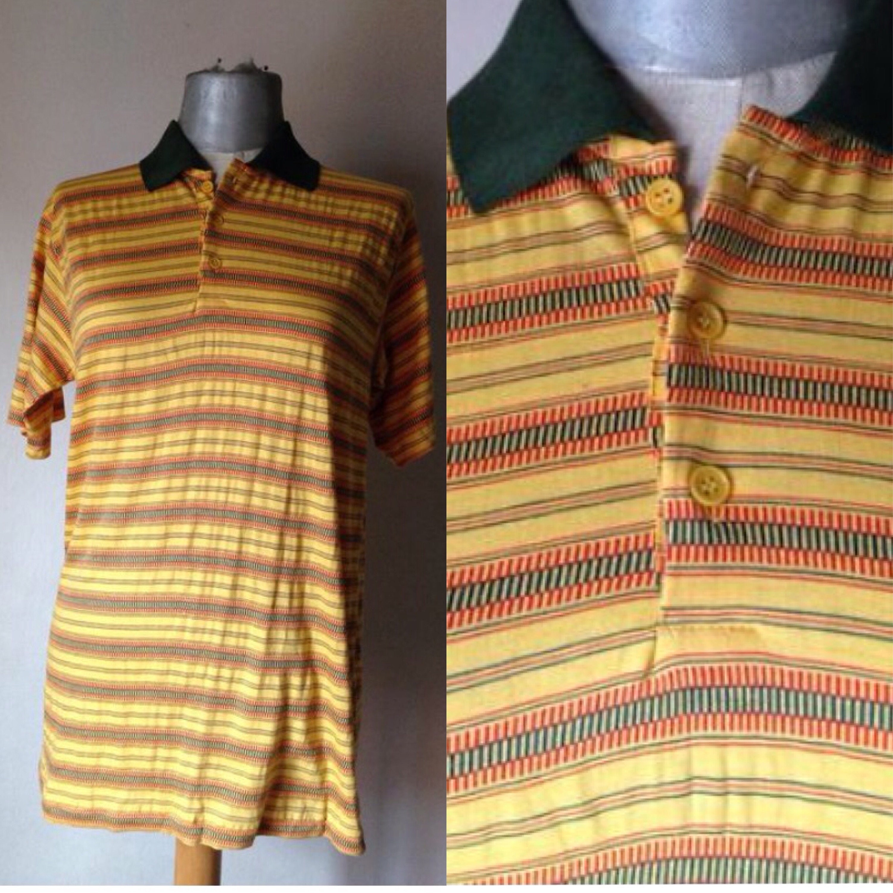 Retro Polo Shirt, Men's 70s Wing Collar Shirt, Brown Stripe