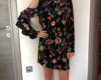 pinko flower dress PINKO floral-print tie-neck Mini Dress | Purple