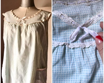 70s camisole, baby blue checkered, cotton baby doll with lace detailing and two front pockets made in Greece