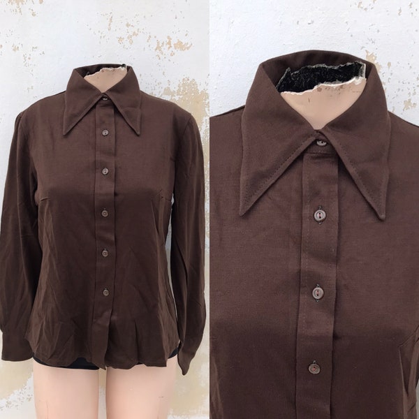 Pointed collared chocolate brown, true 70s vintage buttoned down blouse, unworn, found as a stock