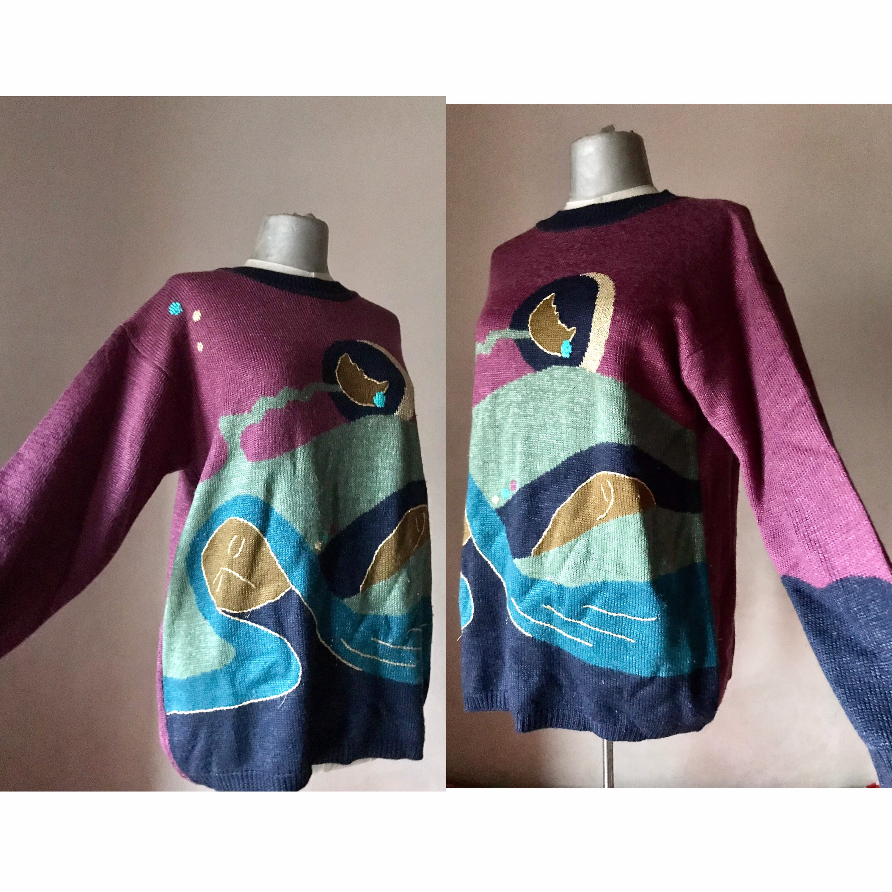 Pull Vintage Mapier Années 90, Violet, Taille EU 52 / UK 42, Homme, Motif Géométrique